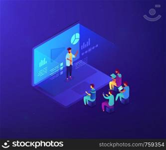 Students e-learning by webinar training and listening to businessman with charts on laptop. Webinar, online video training, tutorial podcast concept. Ultraviolet neon vector isometric 3D illustration.. Webinar isometric 3D concept illustration.