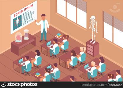 Students education in college isometric background with teacher conducting lesson in classroom vector illustration