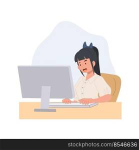 students girl sitting with PC, surf internet, use social media. Flat vector illustration.
