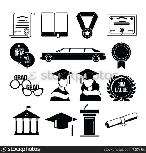 Students graduation party in monochrome style. Black vector icons set. University or college graduate, certificate graduation illustration. Students graduation party in monochrome style. Black vector icons set