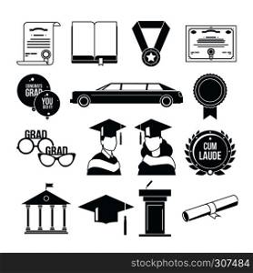Students graduation party in monochrome style. Black vector icons set. University or college graduate, certificate graduation illustration. Students graduation party in monochrome style. Black vector icons set