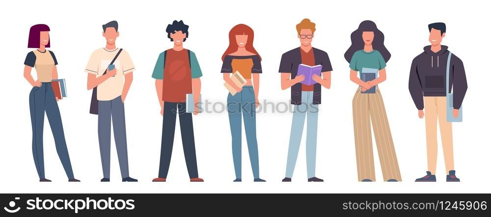 Students. Group of students in casual wear standing with books, backpacks and smartphones, education in college, university vector studying characters. Students. Group of students in casual wear standing with books, backpacks and smartphones, education in college, university vector characters