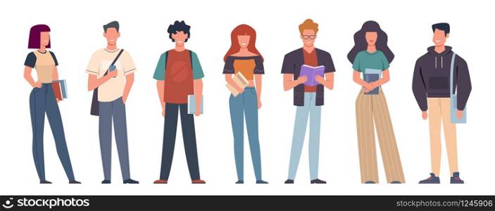 Students. Group of students in casual wear standing with books, backpacks and smartphones, education in college, university vector studying characters. Students. Group of students in casual wear standing with books, backpacks and smartphones, education in college, university vector characters