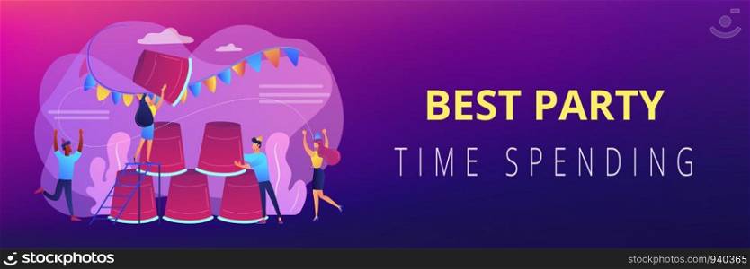 Students having fun, colleagues celebrating holiday, friends playing beer pong. Party game, best party time spending, party game ideas concept. Header or footer banner template with copy space.. Party game concept banner header.