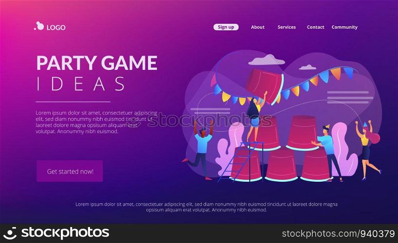 Students having fun, colleagues celebrating holiday, friends playing beer pong. Party game, best party time spending, party game ideas concept. Website homepage landing web page template.. Party game concept landing page.