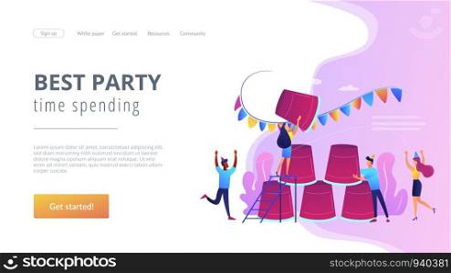 Students having fun, colleagues celebrating holiday, friends playing beer pong. Party game, best party time spending, party game ideas concept. Website homepage landing web page template.. Party game concept landing page.