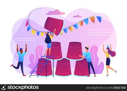 Students having fun, colleagues celebrating holiday, friends playing beer pong. Party game, best party time spending, party game ideas concept. Bright vibrant violet vector isolated illustration. Party game concept vector illustration.