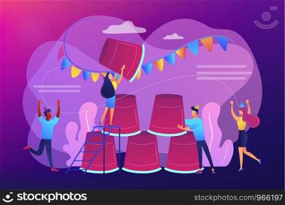 Students having fun, colleagues celebrating holiday, friends playing beer pong. Party game, best party time spending, party game ideas concept. Bright vibrant violet vector isolated illustration