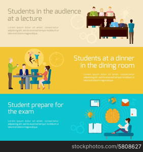 Students horizontal banner set with lecture audience dining and exam elements isolated vector illustration. Students Banner Set