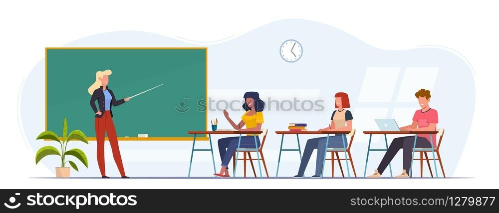 Students in audience. Young people listening lecture in university, college, teacher conducts training seminar, classroom lesson vector education concept. Students in audience. Young people listening lecture in university, college, teacher conducts seminar, classroom lesson vector education concept