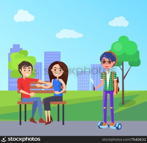 Students in city park and male with vape in hands vector. Male riding on hoverboard, self balancing gyroscooter and couple in love sitting on bench. Students in City Park and Male with Vape Vector