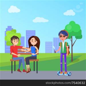 Students in city park and male with vape in hands vector. Male riding on hoverboard, self balancing gyroscooter and couple in love sitting on bench. Students in City Park and Male with Vape Vector