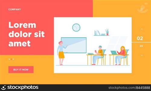 Students in classroom flat vector illustration. Cartoon young characters listening teacher during lesson in college. Study and education concept