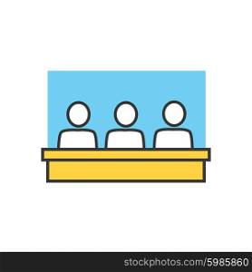 Students in classroom icon. Group, class, group training, exercise class. School lesson. Training classroom icon. Training, education, presentation room. Group of people at table. Vector isolated icon