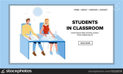 Students In Classroom University Education Vector. Students Boy And Girl Teenagers Sitting At Desk Learning Or Write Test. Characters On Seminar Or Lecture Web Cartoon Illustration. Students In Classroom University Education Vector
