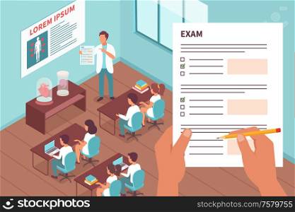 Students in exam design concept with teacher explaining to students how to fill in exam forms isometric vector illustration