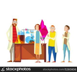 Students In Laboratory Composition. Composition of teacher and students cartoon characters in the chemical laboratory carrying out research performing experiments vector illustration