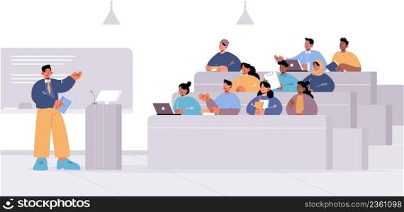 Students in lecture hall with teacher explain information. Learning process in university auditorium with scholars and professor in seminar, education, studying concept, Line art vector illustration. Students in lecture hall with teacher, education