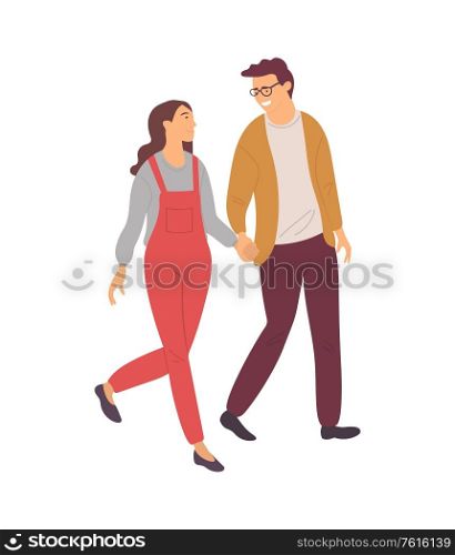 Students in love isolated people in cartoon style. Vector girl in red overalls and boy in glasses walking and holding hands. Flat design of teenagers lovers. Students in Love Isolated Cartoon People. Vector