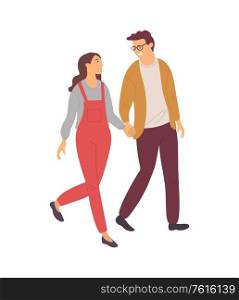 Students in love isolated people in cartoon style. Vector girl in red overalls and boy in glasses walking and holding hands. Flat design of teenagers lovers. Students in Love Isolated Cartoon People. Vector