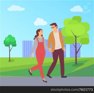 Students in love walking in city park, people in cartoon style. Vector girl in red overalls and boy in glasses walking and holding hands, teenagers lovers. Students in Love Cartoon People in Park, Vector