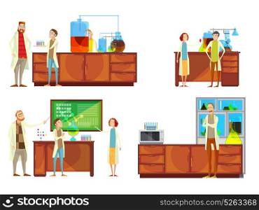 Students In The Lab Compositions. Set of compositions with teacher and student doodle characters in the chemical laboratory teaching research lessons vector illustration
