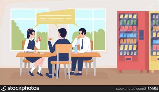 Students in uniforms on break flat color vector illustration. School cafeteria space. Lunch time. Pupils eating snacks from vending machine 2D cartoon characters with window on background. Students in uniforms on break flat color vector illustration
