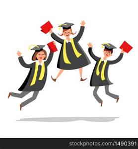 Students Jumping And Celebrate Graduation Vector. Characters Happy And Smiling Young Students Boy And Girls With Diplomas Wear Gown And Hat. University Graduate Celebration Flat Cartoon Illustration. Students Jumping And Celebrate Graduation Vector Illustration