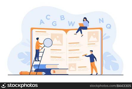 Students learning foreign language with vocabulary. Tiny people reading grammar book. Flat vector illustration for abc book, literature class, knowledge concept