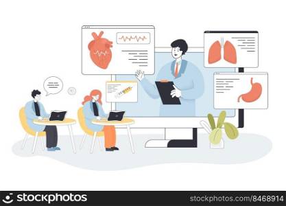 Students learning medicine online on webinar in virtual class. People training with doctor on podcast lesson or lecture flat vector illustration. Web platform for medical education, healthcare concept. Students learning medicine online on webinar in virtual class