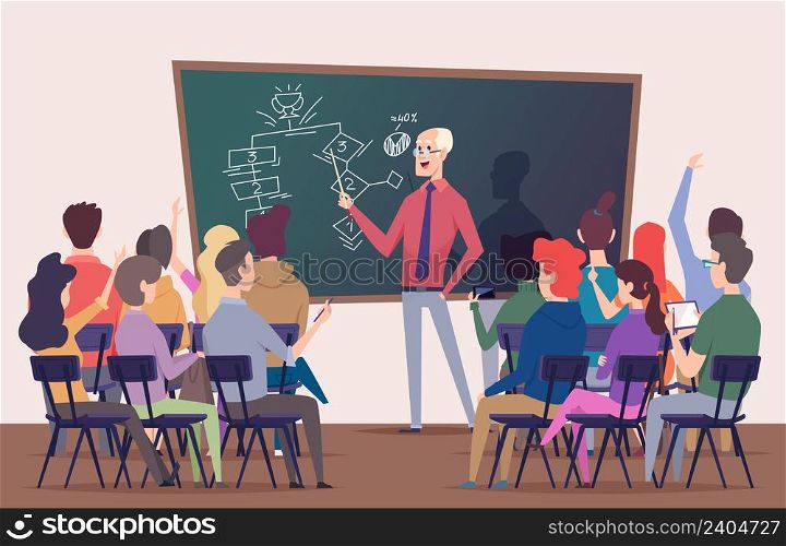 Students lecture. Training characters sitting on chairs talk in auditorium business training professor speaking exact vector back view people background. Illustration of student sitting at lecture. Students lecture. Training characters sitting on chairs talk in auditorium business training professor speaking exact vector back view people cartoon background