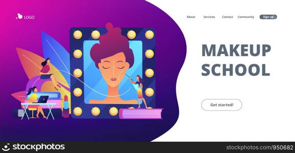 Students listening to teacher on training courses in professional makeup skills. Makeup courses, make up school, cosmetics masterclass concept. Website vibrant violet landing web page template.. Makeup courses concept landing page.