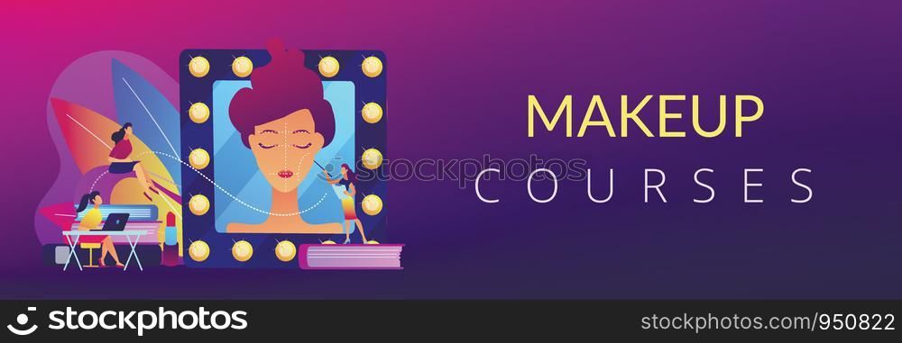 Students listening to teacher on training courses in professional makeup skills. Makeup courses, make up school, cosmetics masterclass concept. Header or footer banner template with copy space.. Makeup courses concept banner header.