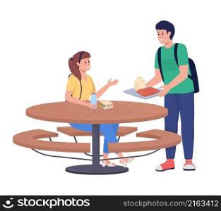 Students meeting for lunch semi flat color vector characters. Friendly figures. Full body people on white. School break isolated modern cartoon style illustration for graphic design and animation. Students meeting for lunch semi flat color vector characters