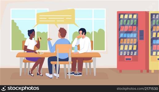 Students on lunch break flat color vector illustration. Eating snacks in hallway. Happy pupils talking while sitting at table 2D cartoon characters with cafeteria interior on background. Students on lunch break flat color vector illustration