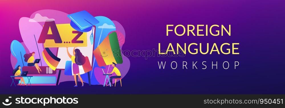 Students practicing dynamic foreign language learning at workshop. Foreign language workshop, language learning group, native speaker course concept. Header or footer banner template with copy space.. Foreign language workshop concept banner header.