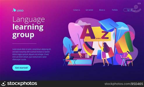 Students practicing dynamic foreign language learning at workshop. Foreign language workshop, language learning group, native speaker course concept. Website vibrant violet landing web page template.. Foreign language workshop concept landing page.