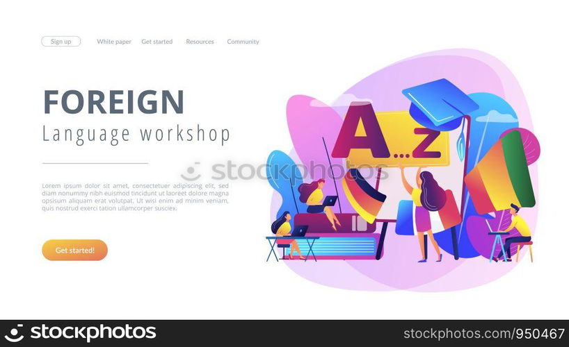 Students practicing dynamic foreign language learning at workshop. Foreign language workshop, language learning group, native speaker course concept. Website vibrant violet landing web page template.. Foreign language workshop concept landing page.