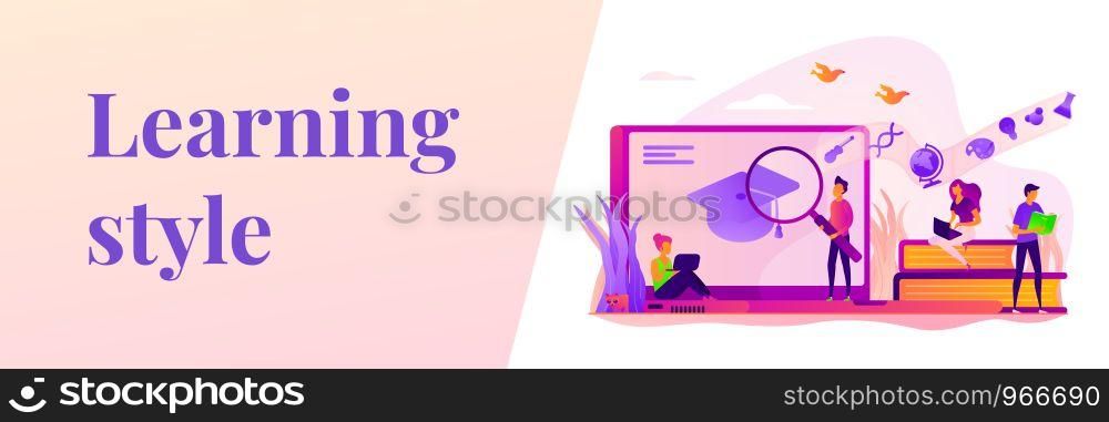 Students preparing for graduation exams. Scientific research, online studying. Learning style, memory and knowledge, education and training concept. Header or footer banner template with copy space.. Learning web banner concept