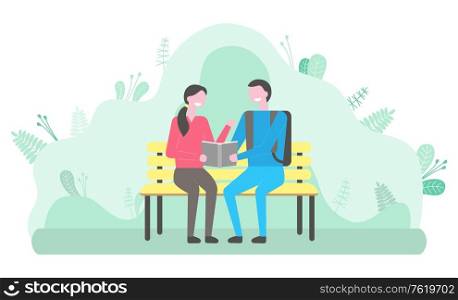 Students reading book in park vector, man and woman preparing for exam. Couple sitting on bench, bookworm male and female relaxing in forest flat style. Couple Sitting on Bench, Man and Woman Students