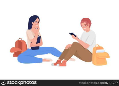 Students resting after lessons semi flat color vector characters. Editable figures. Full body people on white. Friends simple cartoon style illustration for web graphic design and animation. Students resting after lessons semi flat color vector characters