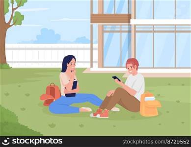 Students resting on lawn flat color vector illustration. Friends sitting on grass near college. University lifestyle. Fully editable 2D simple cartoon characters with landscape on background. Students resting on lawn flat color vector illustration