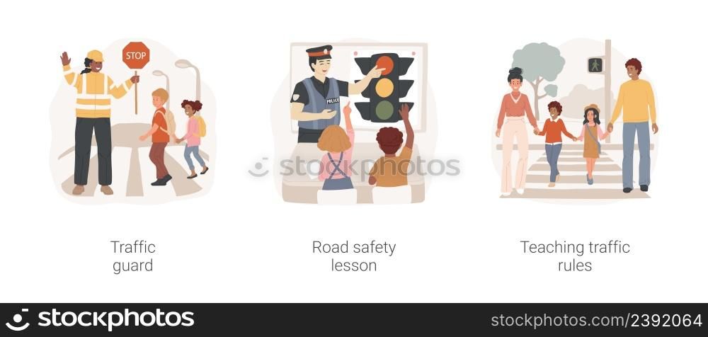 Students road safety isolated cartoon vector illustration set. Traffic guard, road safety lesson, teaching traffic rules, school children crossing the street, traffic light and sign vector cartoon.. Students road safety isolated cartoon vector illustration set.