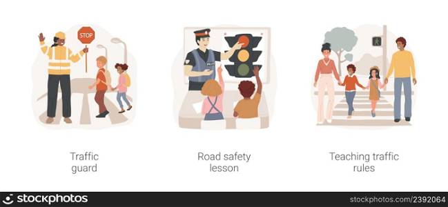 Students road safety isolated cartoon vector illustration set. Traffic guard, road safety lesson, teaching traffic rules, school children crossing the street, traffic light and sign vector cartoon.. Students road safety isolated cartoon vector illustration set.