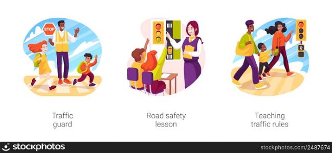 Students road safety isolated cartoon vector illustration set. Traffic guard, road safety lesson, teaching traffic rules, school children crossing the street, traffic light and sign vector cartoon.. Students road safety isolated cartoon vector illustration set