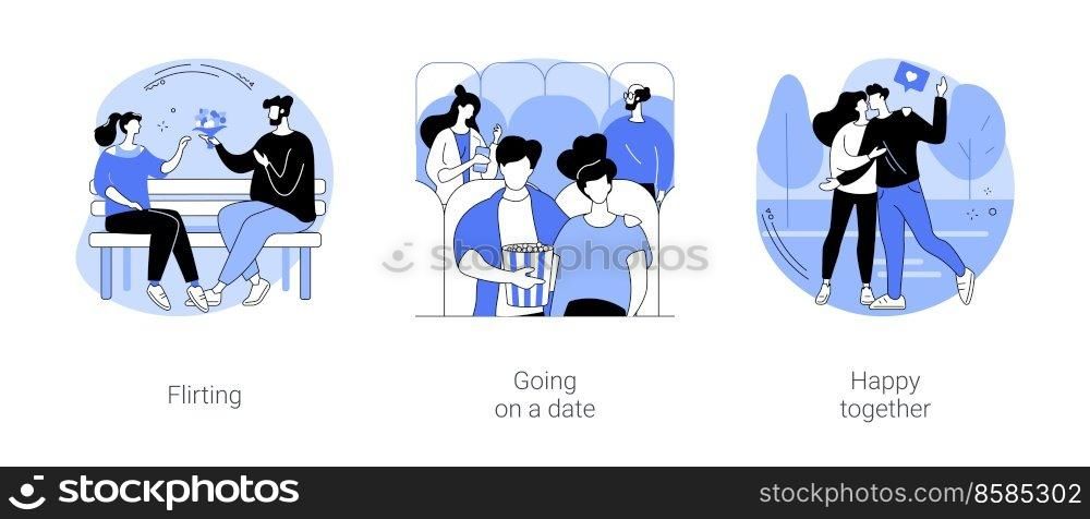 Students romantic relationship isolated cartoon vector illustrations set. Smiling boy flirting with shy girl, happy teenage couple going on a date, young guy kissing his girlfriend vector cartoon.. Students romantic relationship isolated cartoon vector illustrations se