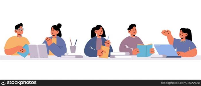 Students, school children study together, reading books and learning. Vector flat illustration of happy kids, primary school pupils sitting at table in education class or library. Students, school children study together