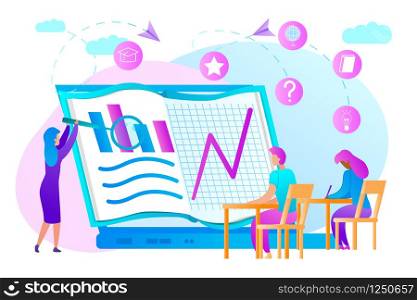Students Sit at Desk and Watch on Big Laptop with Graphs Pictures. Female Teacher Hold Magnifier Explain Lesson on Pink and Blue Background. Clouds and Educational Icons. Flat Vector Illustration.. Students at Desk Watching on Big Laptop with Graph