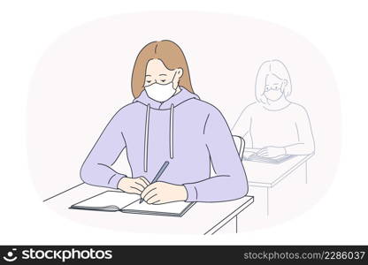 Students sit at desk in facemasks write in notebook study in school or university during covid-19. Girls in facial masks prepare task in college. Education in corona virus time. Vector illustration. . Students in facemask study during covid in school