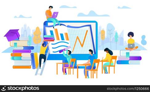 Students Sitting Around of Huge Computer Monitor with Graphs and Studying on Cityscape Background with Clouds and Textbooks. E-Learning Smart Technology. Self-Education. Flat Vector Illustration.. Students Sitting Around of Huge Computer Monitor